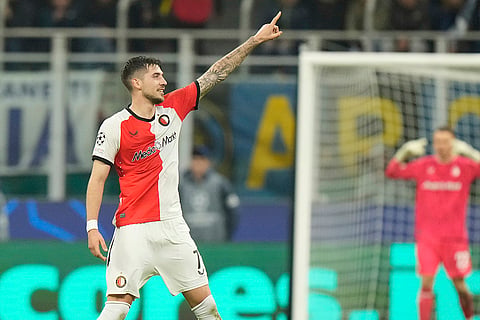 UCL 2024-25, Inter Milan Vs Feyenoord: Feyenoord's Jakub Moder celebrates after scoring a goal