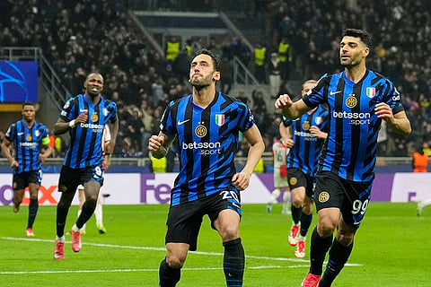 UCL 2024-25, Inter Milan Vs Feyenoord: Inter Milan's Hakan Calhanoglu celebrates after scoring his side's second goal