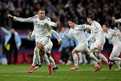 UCL 2024-25, Atletico Madrid and Real Madrid: Real Madrid's Kylian Mbappe celebrates after winning