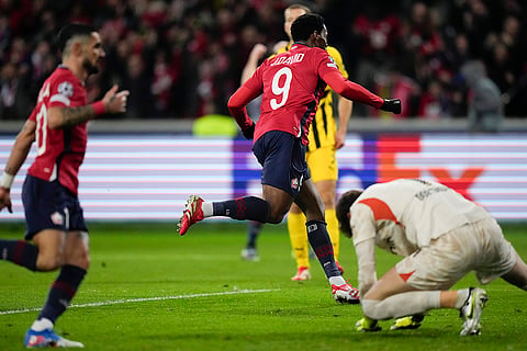 UCL 2024-25, Lille vs Dortmund: Lille's Jonathan David celebrates after scoring