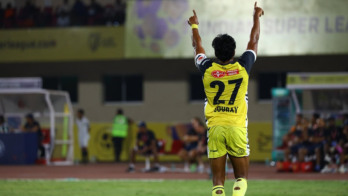 X/HydFCOfficial : Sourav K celebrates his wondergoal in the ISL fixture.