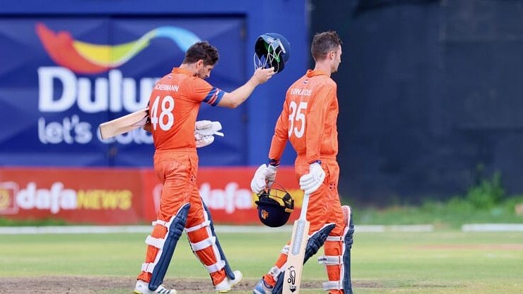 X/Cricket Netherlands : Netherlands batters Colin Ackermann and Scott Edwards after their side won the match against Namibia.
