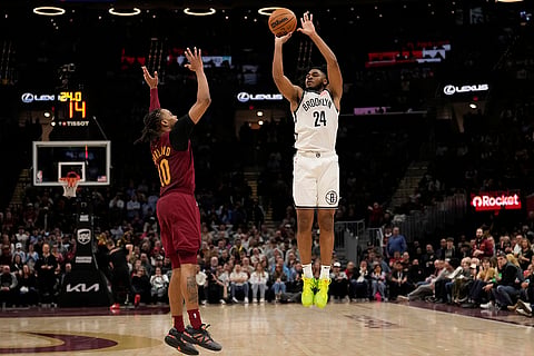 NBA 2024-25, Nets vs Cavaliers: Brooklyn Nets guard Cam Thomas (24) shoots over Cleveland Cavaliers guard