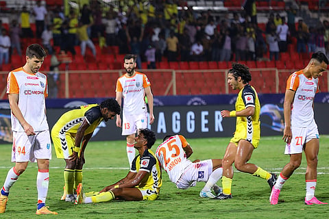 ISL 2024-25, HFC vs KBFC: Sourav K (sitting) of Hyderabad FC after scoring a goal