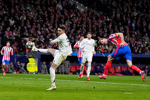 UCL 2024-25, Atletico Madrid and Real Madrid: Atletico Madrid's Alexander Sorloth heads the ball