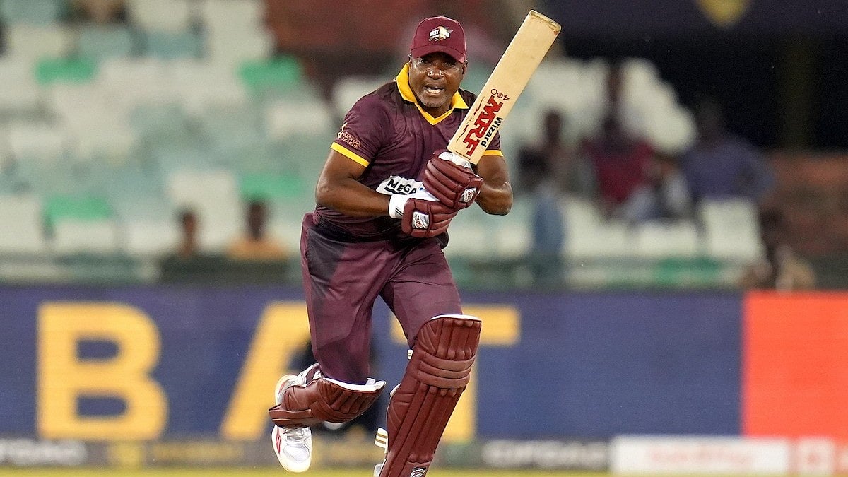 Special Arrangement : West Indies Masters skipper Brian Lara bats against Sri Lanka Masters in Raipur.
