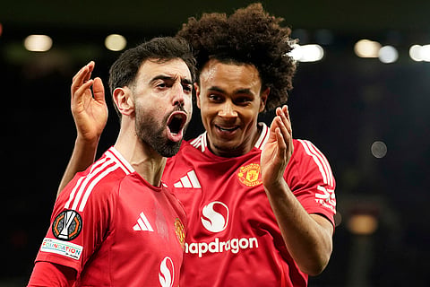 Europa League 2024-25: Manchester United's Bruno Fernandes and Joshua Zirkzee celebrate scoring their side's first goal