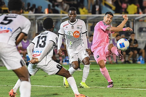 CONCACAF Champions Cup: Inter Miami forward Luis Suarez, right, strikes the ball