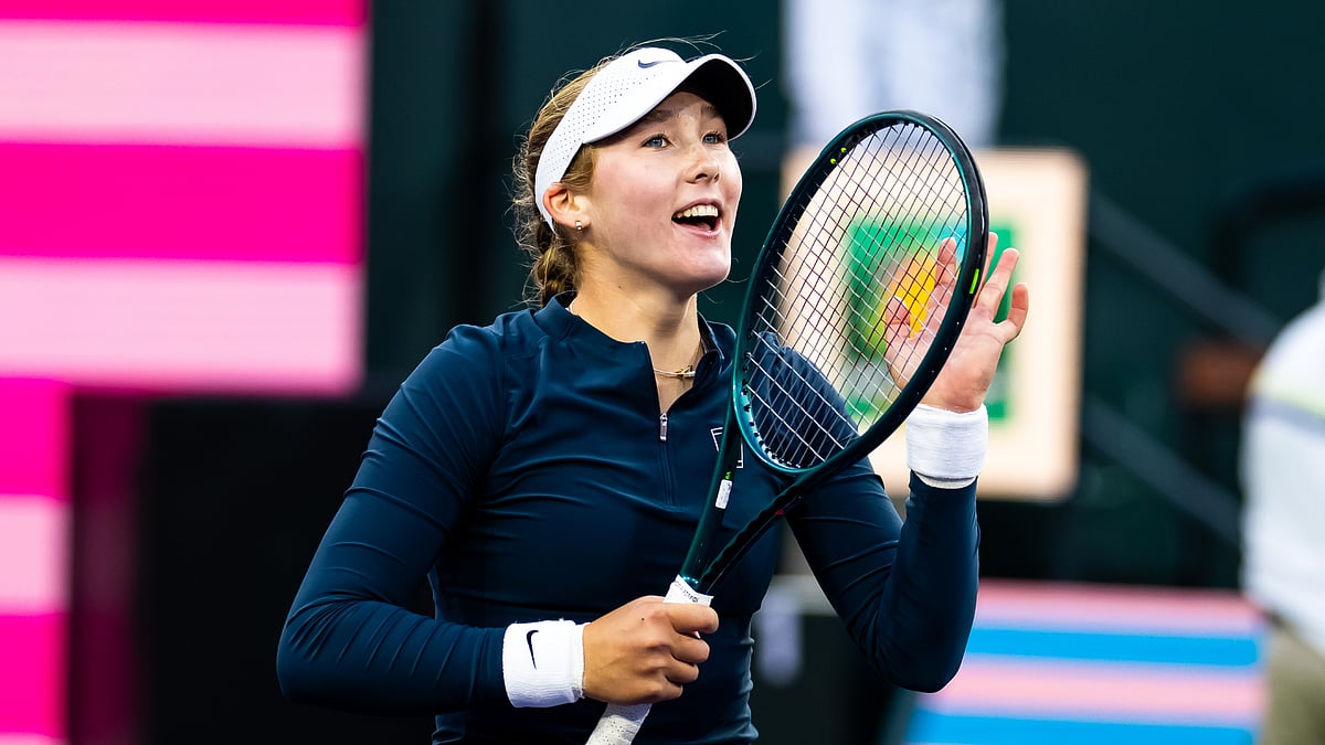Mirra Andreeva celebrates her win over Iga Swiatek at Indian Wells