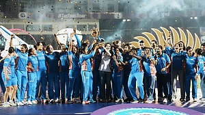 (PTI Photo/Kunal Patil) : Mumbai: Mumbai Indians celebrate their win against Delhi Capitals during the Women's Premier League (WPL) 2025 final cricket match between Delhi Capitals and Mumbai Indians at CCI in Mumbai, Saturday, March 15, 2025.