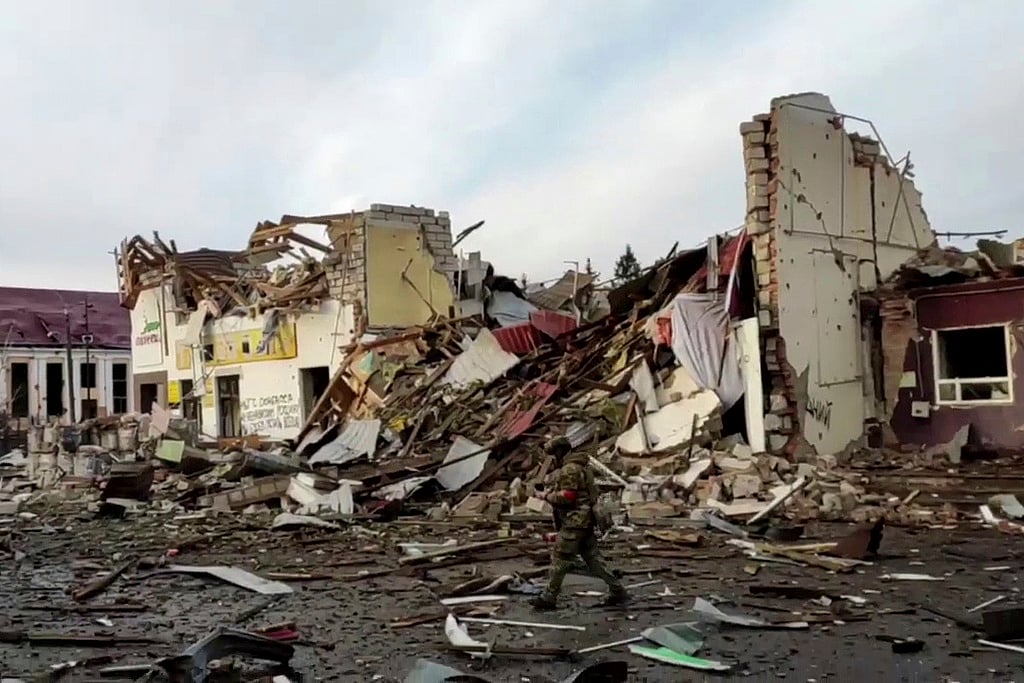 | Photo: Russian Defence Ministry via AP : This photo taken from a video released by Russian Defense Ministry Press Service on Saturday, March 15, 2025, shows a view of Sudzha, the biggest town in the Kursk region of Russia after it was taken over by Russian troops