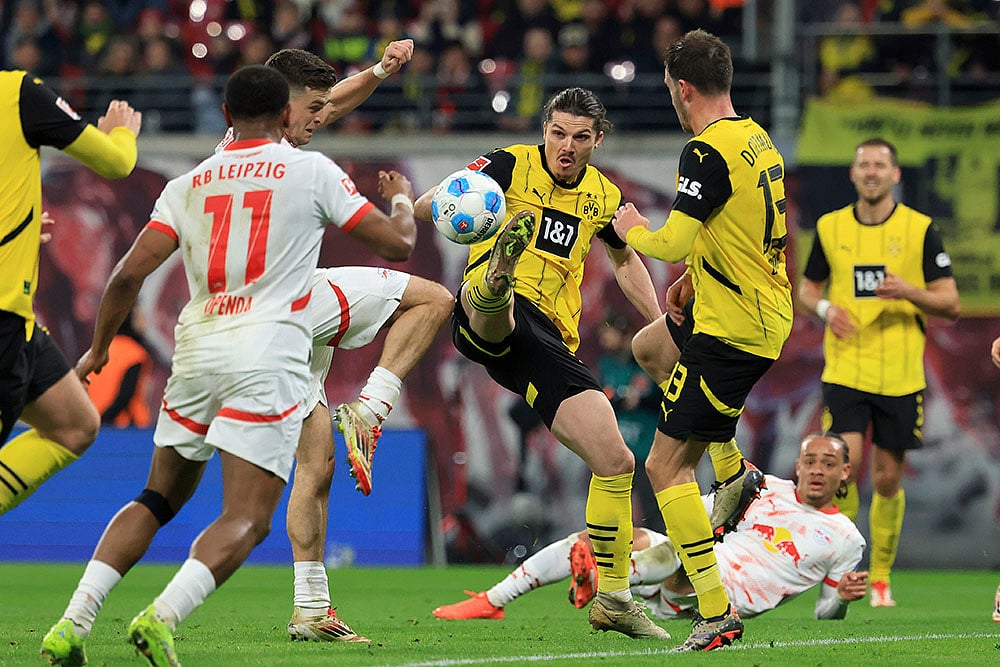 German Bundesliga soccer match RB Leipzig vs Borussia Dortmund: Christoph Baumgartner