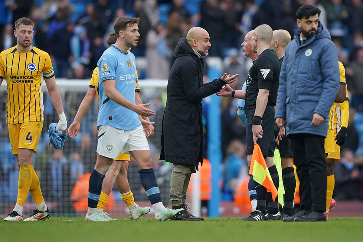 English Premier League soccer match Manchester City vs Brighton and Hove Albion: Pep Guardiola