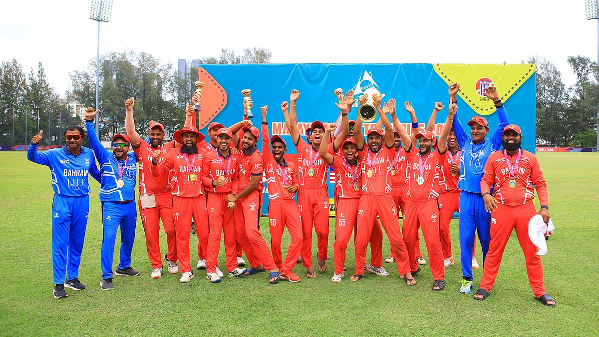 X/Malaysia Cricket : Bahrain celebrate after winning the Malaysia T20I tri-series in Kuala Lumpur.