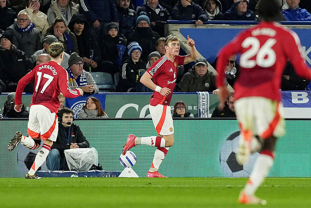 English Premier League Soccer match Leicester City and Manchester United: Rasmus Hojlund