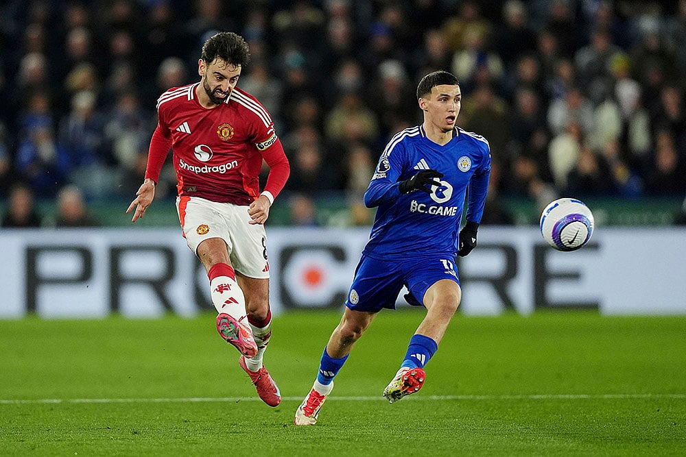 English Premier League Soccer match Leicester City and Manchester United: Bruno Fernandes