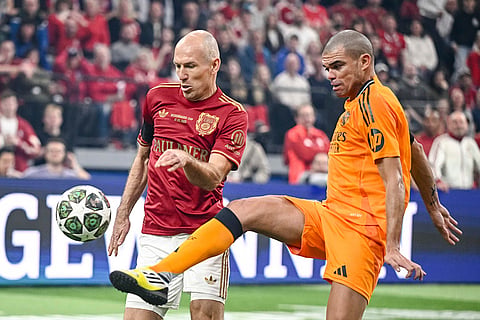 Beckenbauer Cup 2025:  Real Madrid's Pepe in action against Bayern Munich's Arjen Robben 