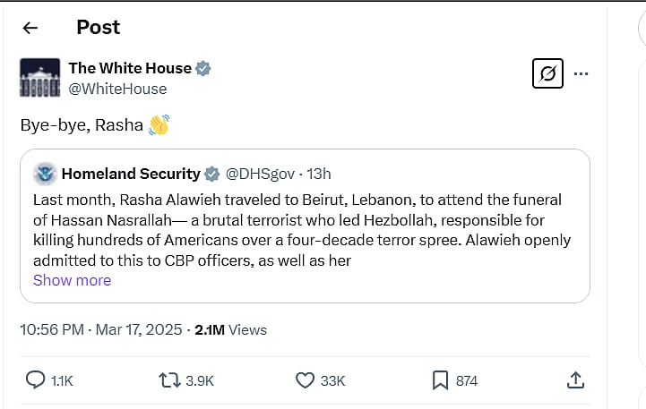 White Houses Bye Bye Rasha post on X