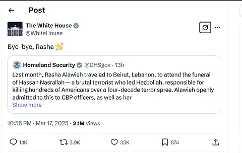 White House's 'Bye Bye Rasha' post on X