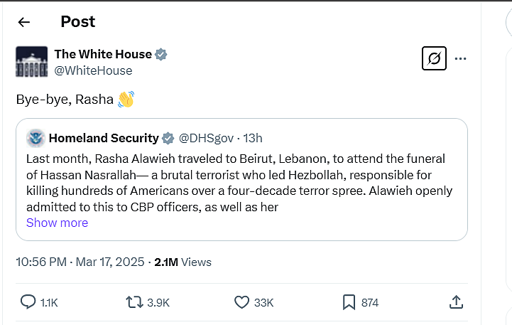 White Houses Bye Bye Rasha post on X