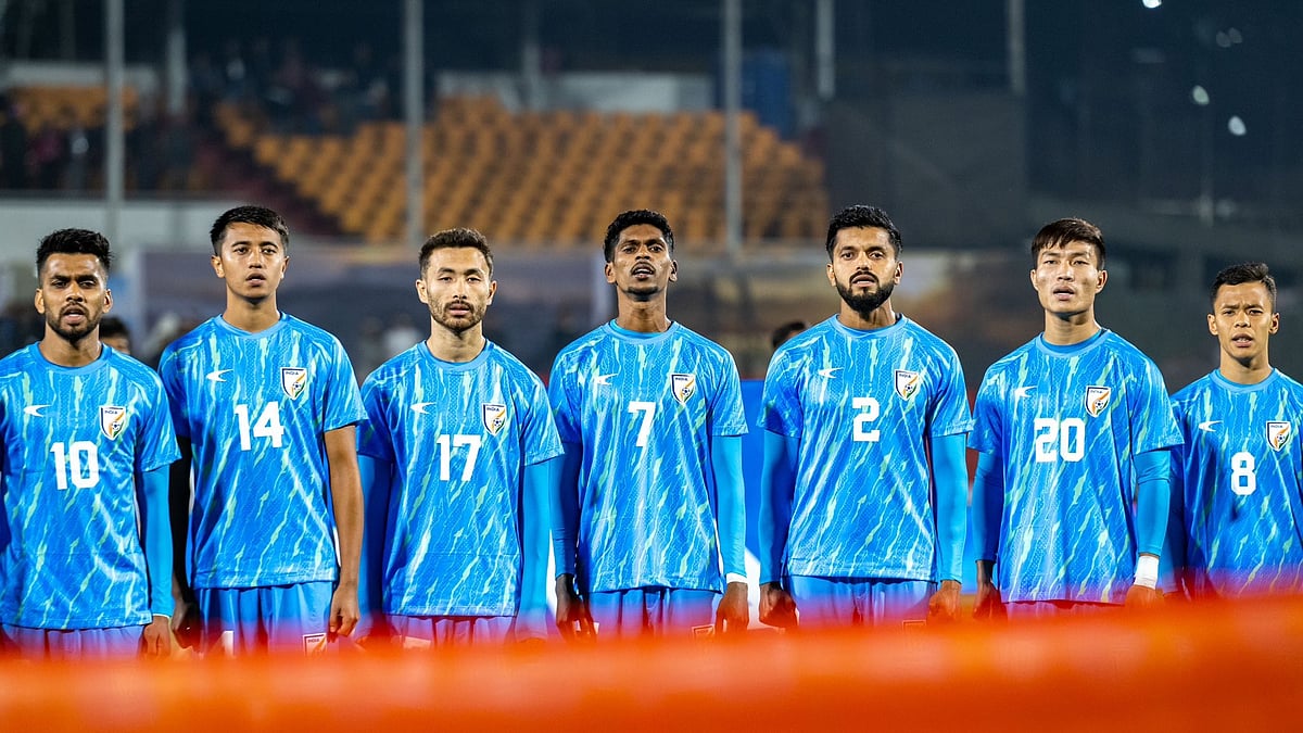 Photo: X | Indian Football Team : India's national football team during the national anthem before the international friendly match against Maldives in Shillong.