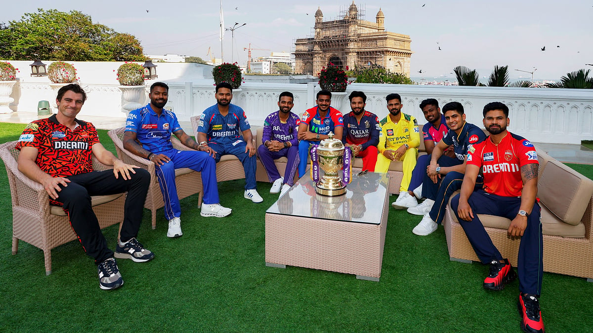 From left to right, Captains Pat Cummins, Hardik Pandya, Rishabh Pant, Ajinkya Rahane, Axar Patel, Rajat Patidar, Ruturaj Gaikwad, Sanju Samson, Shubman Gill and Shreyas Iyer pose for a photograph with the IPL trophy ahead of the 2025 season in Mumbai on March 20, 2025. - | PTI Photo