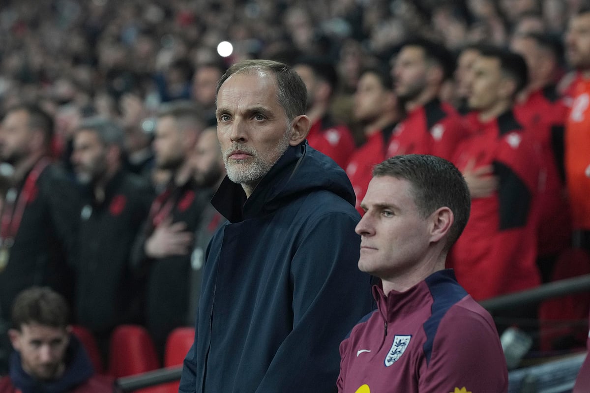 England coach Thomas Tuchel watches on the bench during a World Cup qualifying soccer match between England and Albania at Wembley stadium in London, Friday, March 21, 2025. 