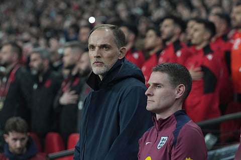 England coach Thomas Tuchel watches on the bench during a World Cup qualifying soccer match between England and Albania at Wembley stadium in London, Friday, March 21, 2025. 