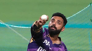 PTI : Kolkata Knight Riders player Varun Chakaravarthy bowls during a training session at Eden Gardens in Kolkata, West Bengal on March 18, 2025. KKR take on Royal Challengers Bengaluru in the first match.
