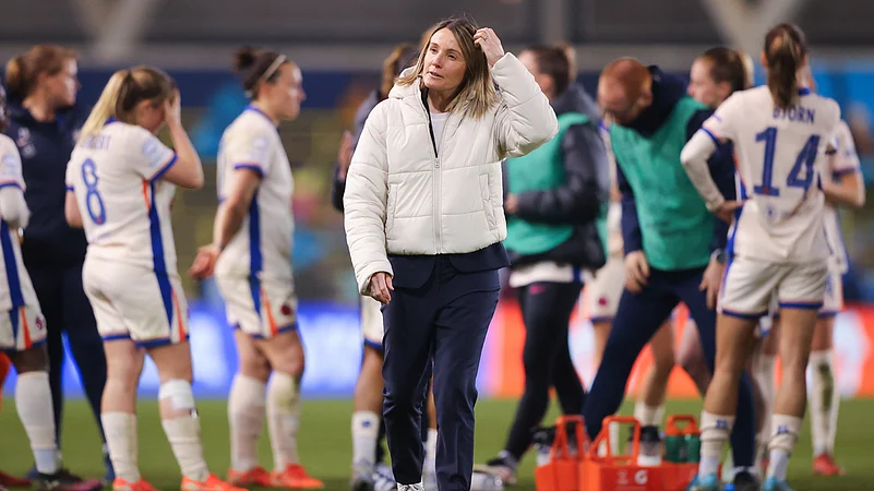 Sonia Bompastor pictured after Chelseas defeat in the Champions League