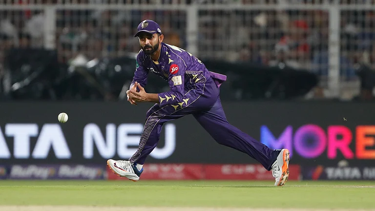 KKR skipper Ajinkya Rahane in action against RCB. - File