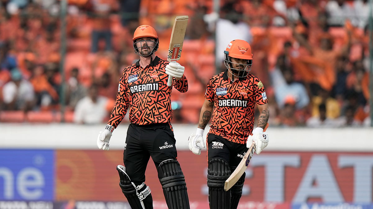 Sunrisers Hyderabad's Travis Head celebrates after scoring fifty runs during the Indian Premier League cricket match between Sunrisers Hyderabad and Rajasthan Royals in Hyderabad. - AP Photo/Mahesh Kumar A.