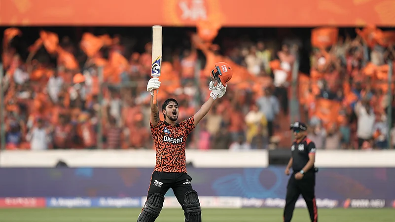 Sunrisers Hyderabads Ishan Kishan celebrates after scoring a century. AP