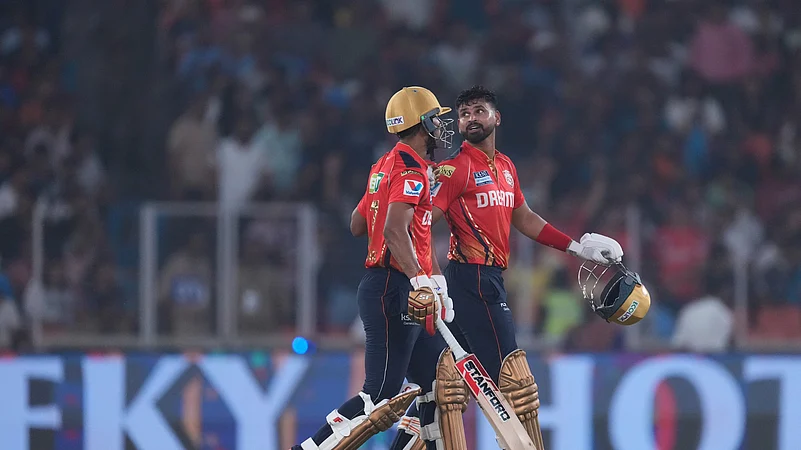 Punjab Kings captain Shreyas Iyer and Shashank Singh walk back to pavilion. AP