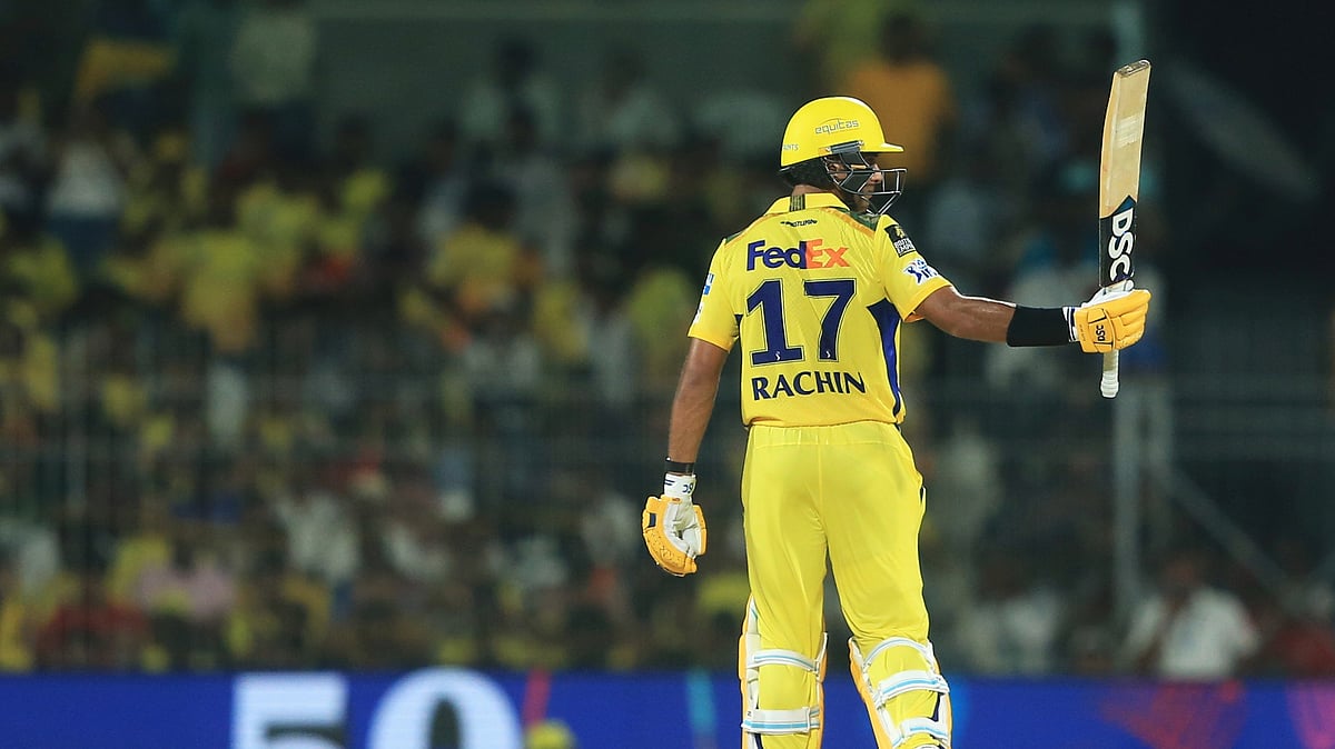 Chennai Super Kings Rachin Ravindra celebrates after scoring fifty. AP