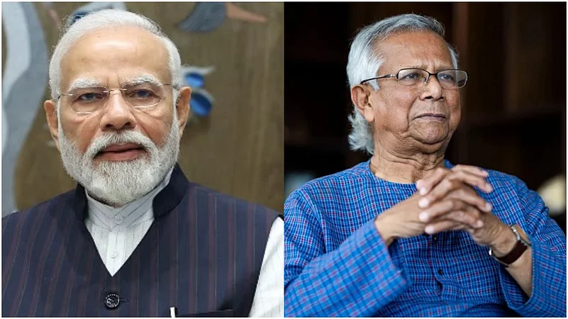 PM Narendra Modi (L) and interim Bangladesh govts adviser Mohammad Yunus (R)