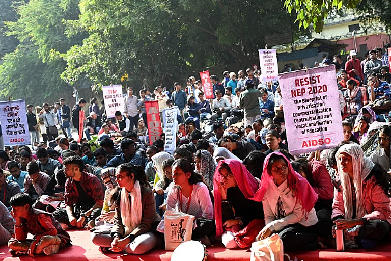 A protest against NEP 2020 at Jantar Mantar, on November 30, 2024 in New Delhi. - Salman Ali/Hindustan Times via Getty Images