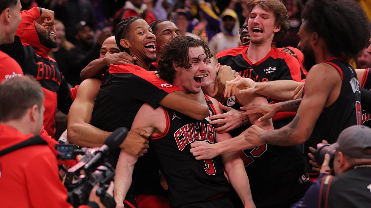 Josh Giddey #3 of the Chicago Bulls celebrates after his game winning shot against the Los Angeles Lakers on March 27, 2025 at the United Center in Chicago, Illinois.