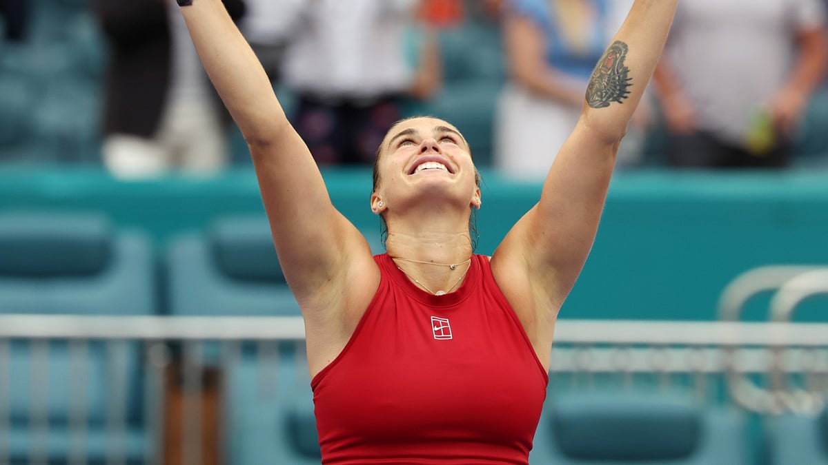 Aryna Sabalenka celebrates her win in Miami