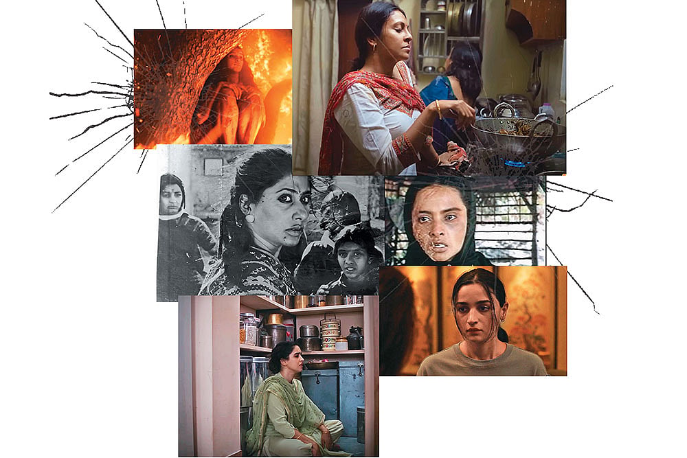 No Apologies: (Clockwise from top right) Screengrabs from the films Juice, Khoon Bhari Maang, Jigra, Mrs., Mirch Masala and Bulbbul