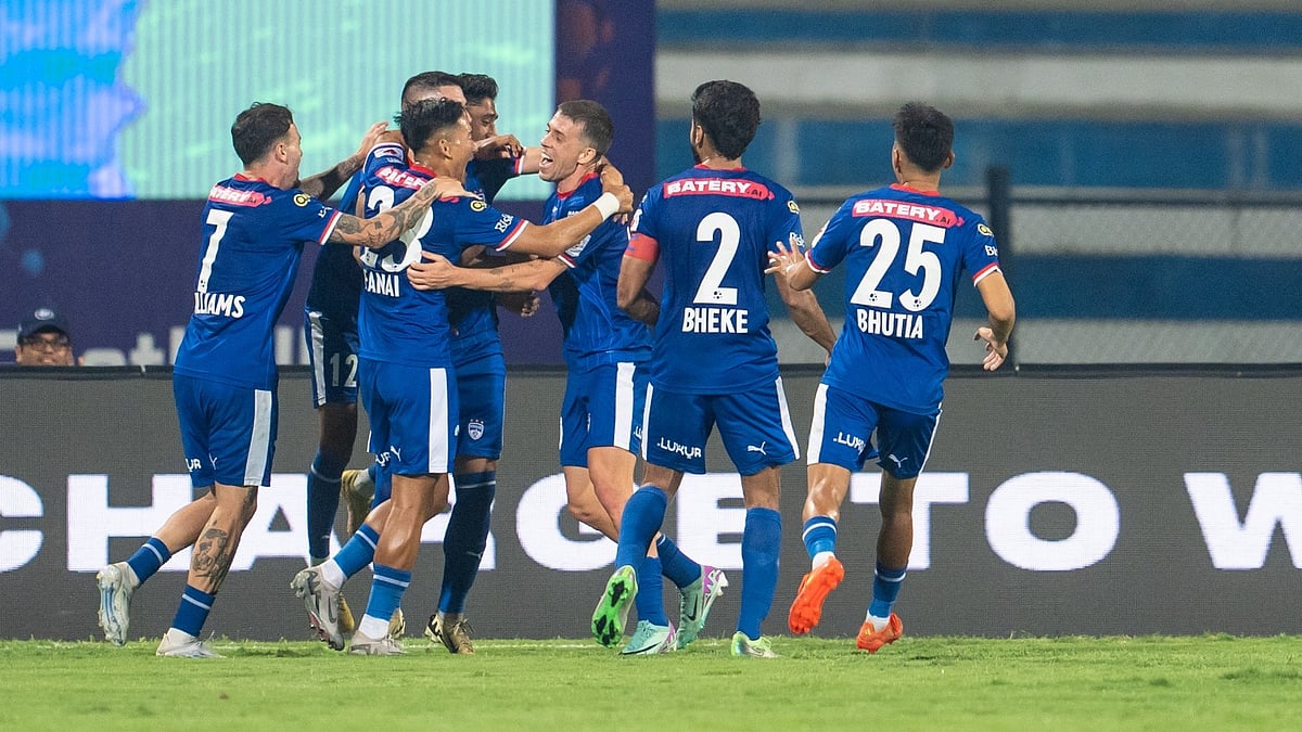 FSDL/ISL : Bengaluru FC players celebrate a goal against Mumbai City FC in the Indian Super League.