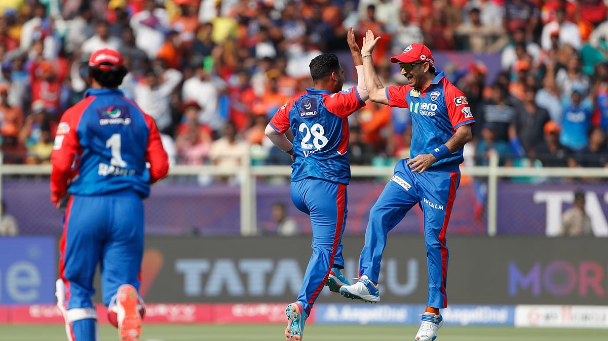 Delhi Capitals Mohit Sharma, right, and Vipraj Nigam celebrate. AP