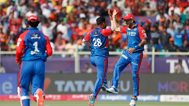 Delhi Capitals Mohit Sharma, right, and Vipraj Nigam celebrate. AP