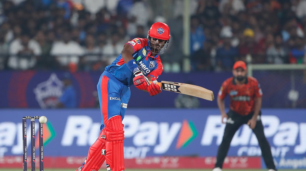 AP Photo/Surjeet Yadav : Delhi Capitals' Abishek Porel plays a shot during the Indian Premier League cricket match between Delhi Capitals and Sunrisers Hyderabad at ACA–VDCA Cricket Stadium in Visakhapatnam.