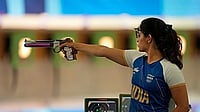 X/Manu Bhaker : India’s Manu Bhaker in action during the Paris Olympics 2024.
