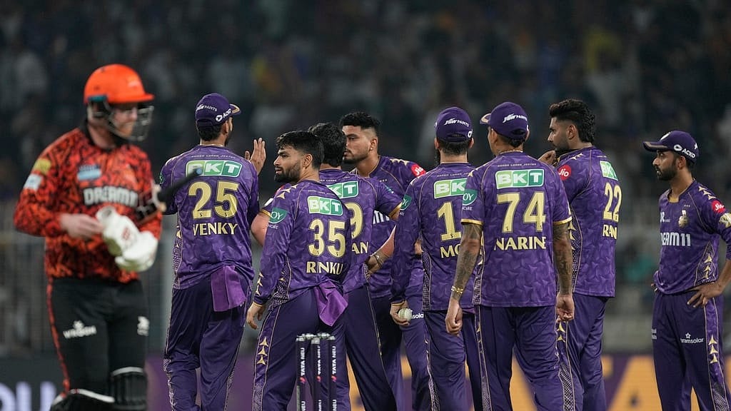Kolkata Knight Riders' players celebrate the dismissal of Sunrisers Hyderabad's Heinrich Klaasen , left, during the Indian Premier League cricket match between Kolkata Knight Riders and Sunrisers Hyderabad at Eden Gardens in Kolkata, India, Thursday, April 3, 2025. - AP