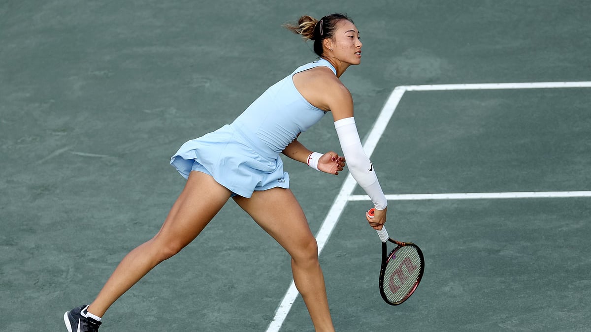 File : File photo of Qinwen Zheng in action at the Charleston Open.