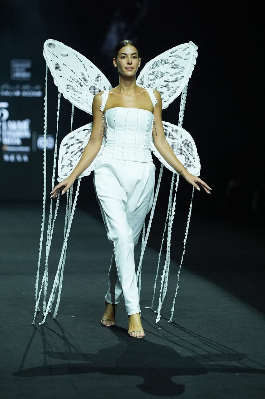 A model presents a creation by Lebanese designer Salim Azzam 