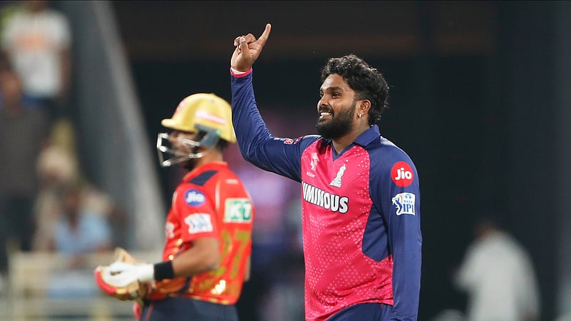 Rajasthan Royals Wanindu Hasaranga celebrates after the dismissal of Wadhera. AP