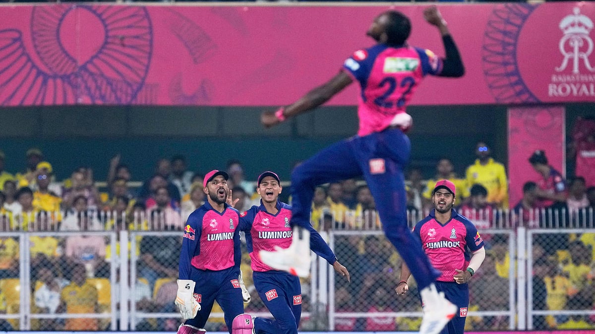 (AP Photo/Anupam Nath)
 : Jofra Archer after dismissing Rachin Ravindra.